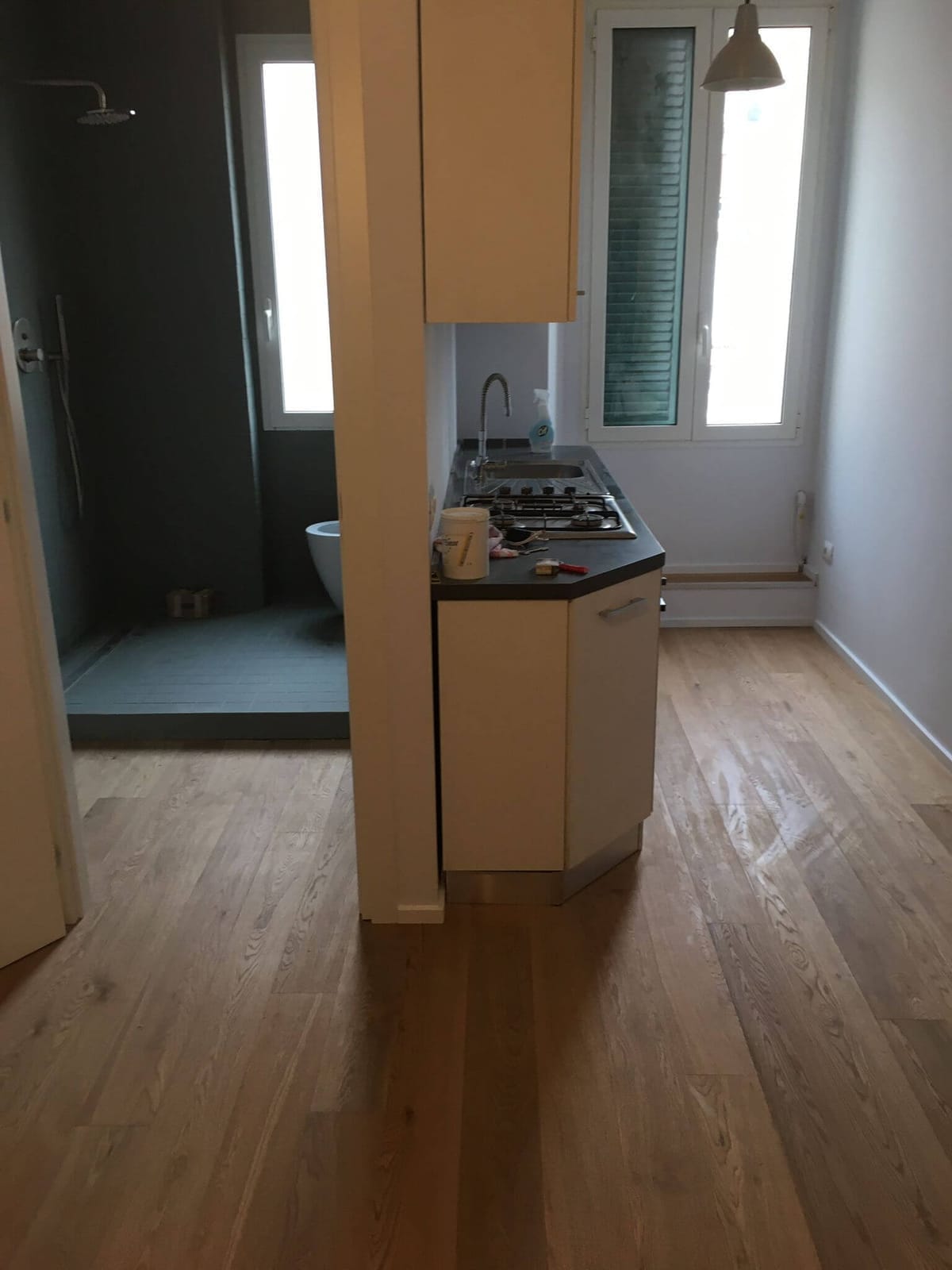 Monolocale ristrutturato con pavimento in legno chiaro, angolo cottura e bagno con doccia